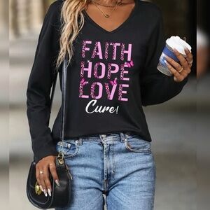 FAITH HOPE LOVE CURE Breast Cancer Awareness V-Neck Long Sleeve T-Shirt